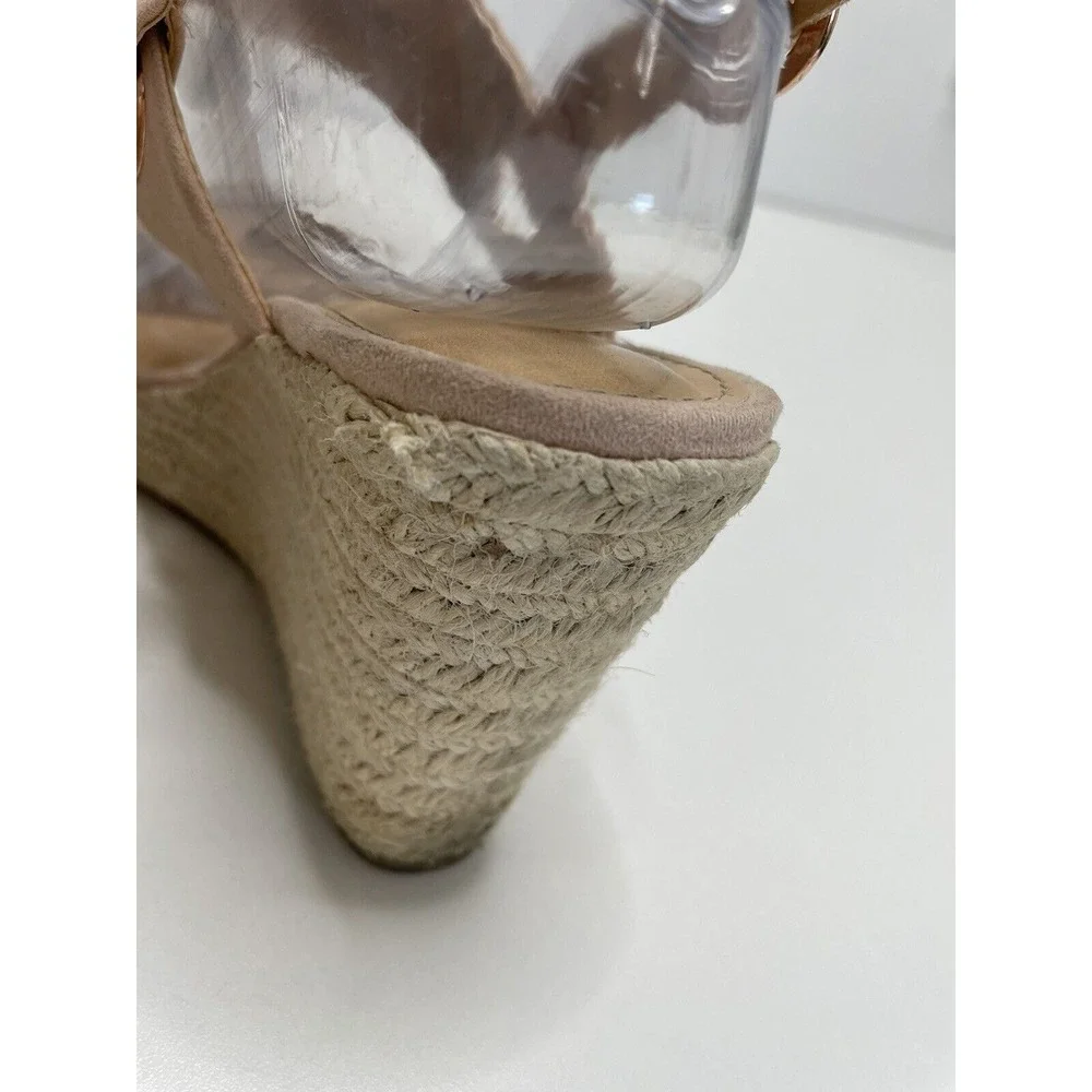 Open Toe Heal Sandals Shoes Beige Pink Espadrille Wedge Strap 7.5 Summer Wedding